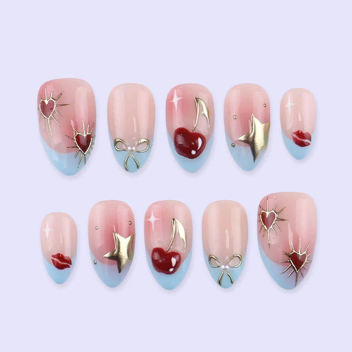Handmade Blue press on nails with Cherry Details & French Tip, Medium Almond luxury handmade nail art, false nails, pressons — perfect for Valentine Date Night 