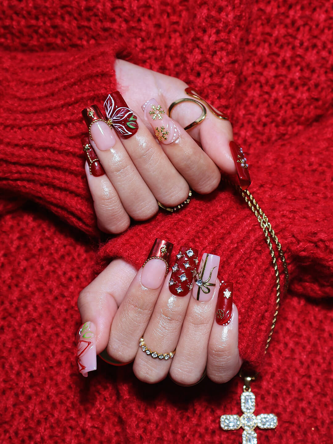 3D red & nude press on nails in medium square with christmas tree, gold charms, snowflakes, and poinsettia details — luxury handmade false nails, reusable press ons for holiday, Christmas party, and festive gifts