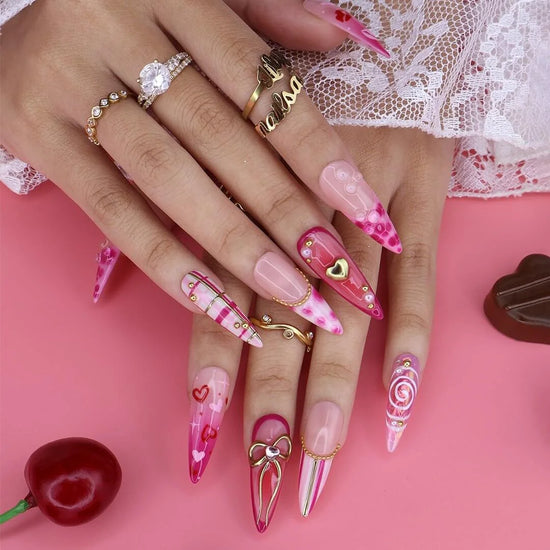 Handmade Pink press on nails with Golden Bow & Heart, Long Almond luxury handmade nail art, false nails, pressons — perfect for Valentine Date Night 