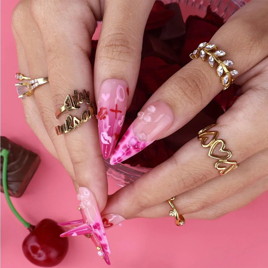 Handmade Pink press on nails with Golden Bow & Heart, Long Almond luxury handmade nail art, false nails, pressons — perfect for Valentine Date Night 