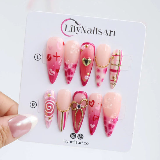 Handmade Pink press on nails with Golden Bow & Heart, Long Almond luxury handmade nail art, false nails, pressons — perfect for Valentine Date Night 