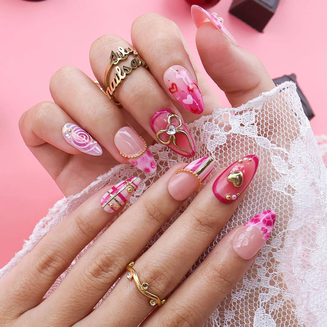 Handmade Pink press on nails with Golden Bow & Heart, Medium Almond luxury handmade nail art, false nails, pressons — perfect for Valentine Date Night 