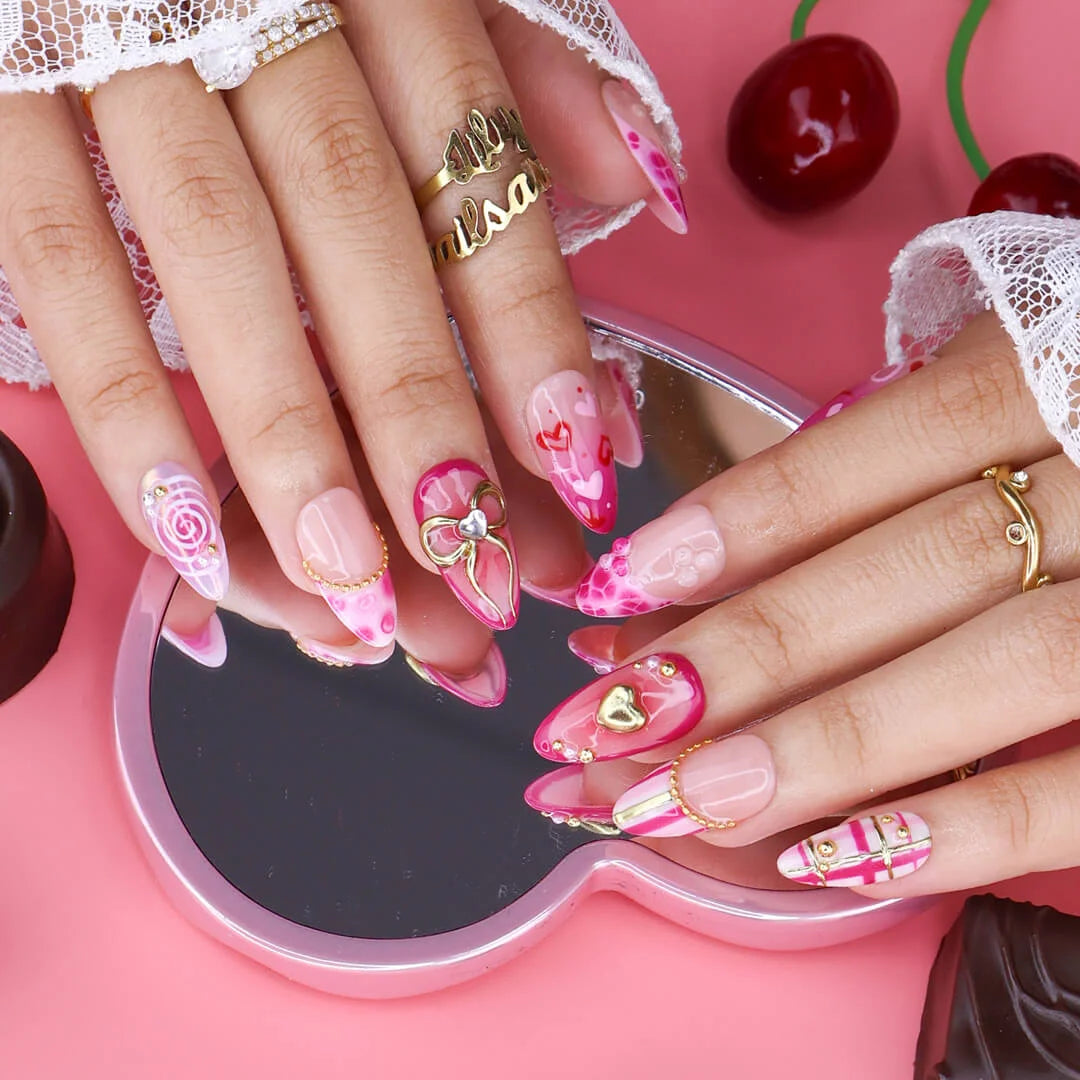 Handmade Pink press on nails with Golden Bow & Heart, Medium Almond luxury handmade nail art, false nails, pressons — perfect for Valentine Date Night 