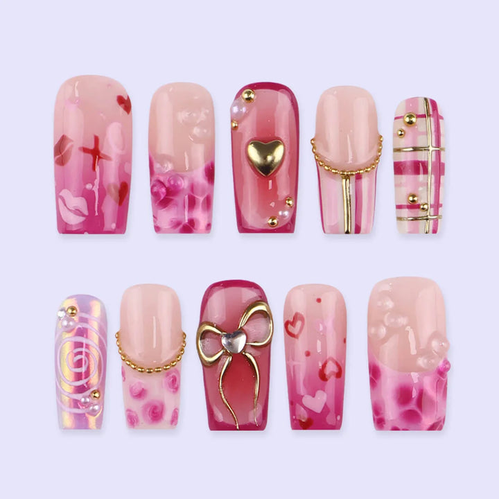 Handmade Pink press on nails with Golden Bow & Heart, Medium Square luxury handmade nail art, false nails, pressons — perfect for Valentine Date Night 