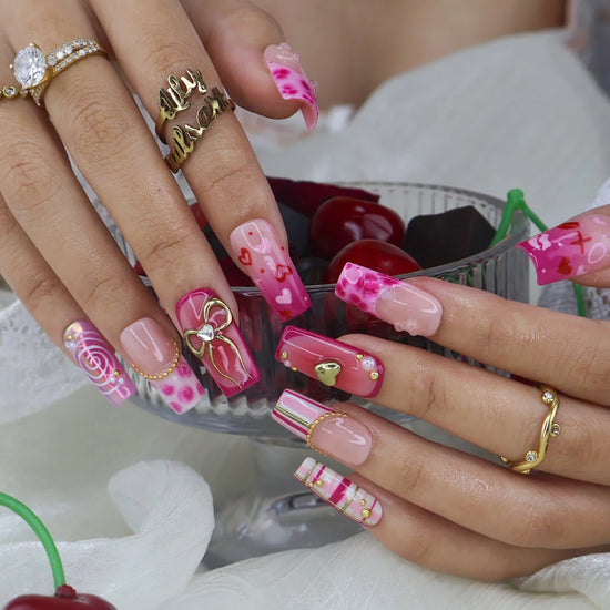 Handmade Pink press on nails with Golden Bow & Heart, Medium Square luxury handmade nail art, false nails, pressons — perfect for Valentine Date Night 