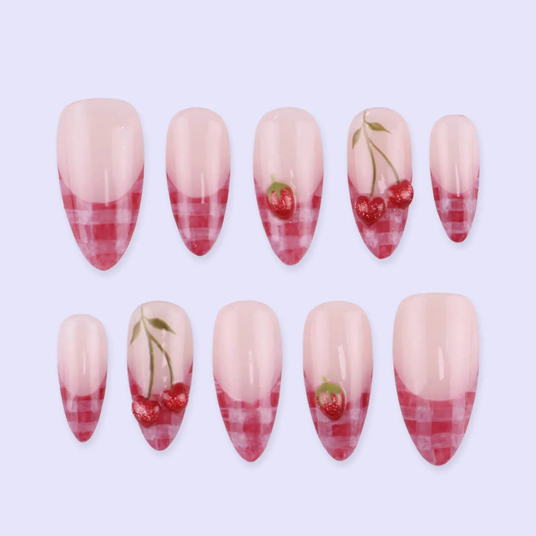 Handmade Pink press on nails with Cute Cherry, Medium Almond luxury handmade nail art, false nails, pressons — perfect for Valentine Date Night 