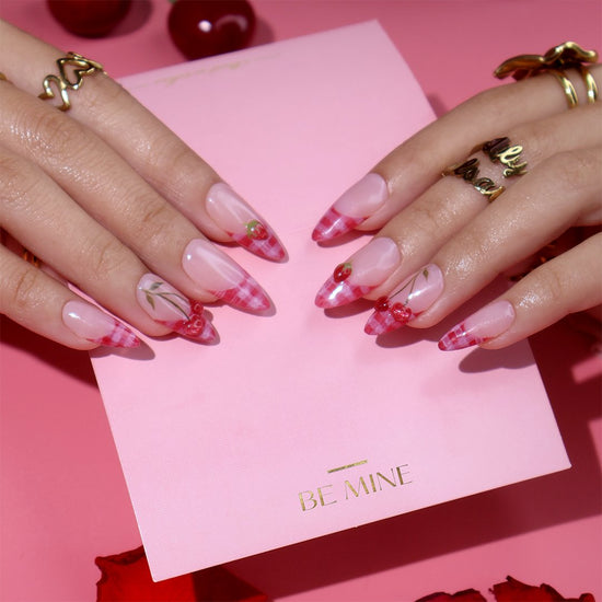 Handmade Pink press on nails with Cute Cherry, Medium Almond luxury handmade nail art, false nails, pressons — perfect for Valentine Date Night 