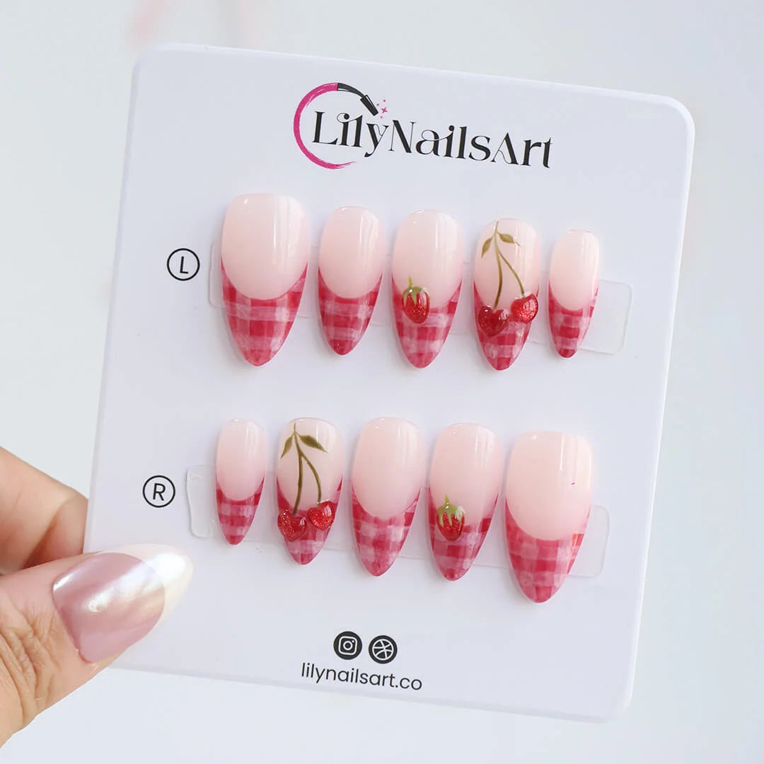 Handmade Pink press on nails with Cute Cherry, Medium Almond luxury handmade nail art, false nails, pressons — perfect for Valentine Date Night 