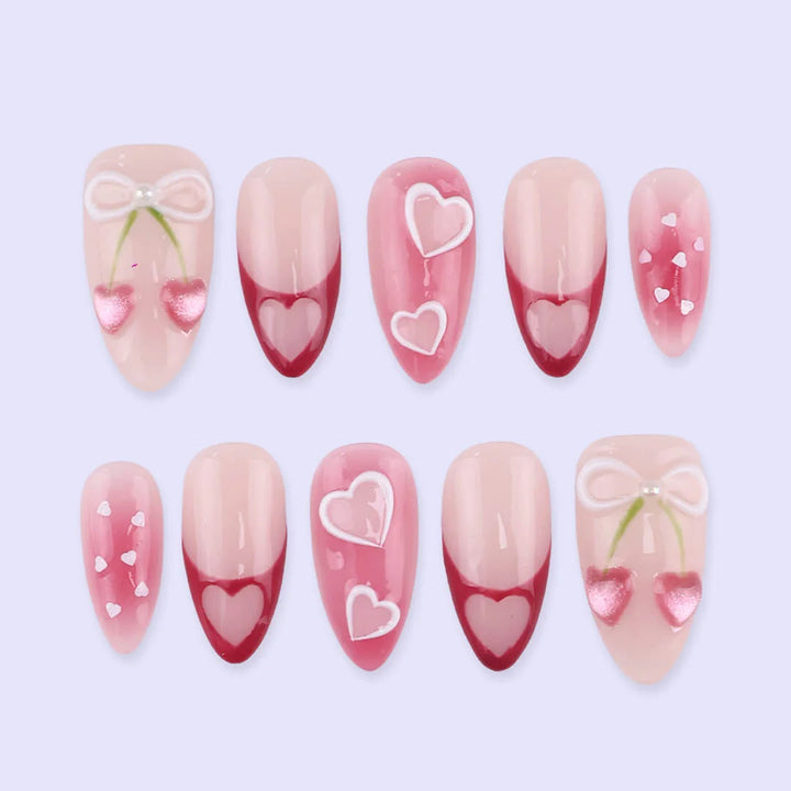 Handmade Pink press on nails with Sweet Heart, Cherry Bow & French Tip, Medium Almond luxury handmade nail art, false nails, pressons — perfect for Valentine Date Night 