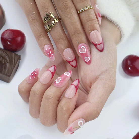 Handmade Pink press on nails with Sweet Heart, Cherry Bow & French Tip, Medium Almond luxury handmade nail art, false nails, pressons — perfect for Valentine Date Night 