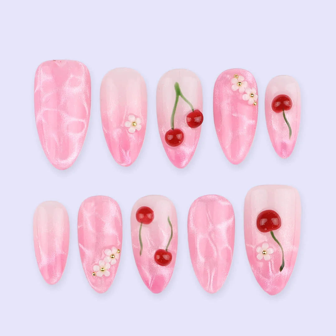 Handmade Pink press on nails with Cute Cherry, Medium Almond luxury handmade nail art, false nails, pressons — perfect for Valentine Date Night 