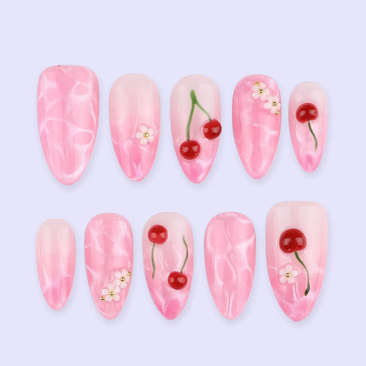 Handmade Pink press on nails with Cute Cherry, Medium Almond luxury handmade nail art, false nails, pressons — perfect for Valentine Date Night 