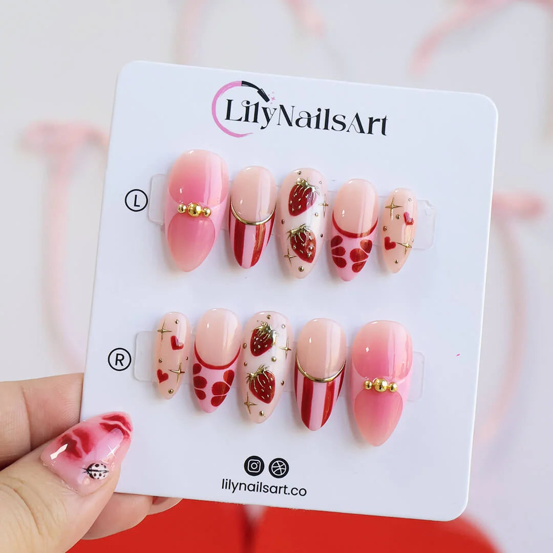 Handmade Pink press on nails with Gold Strawberry Details & French Tip, Medium Almond luxury handmade nail art, false nails, pressons — perfect for Valentine Date Night 