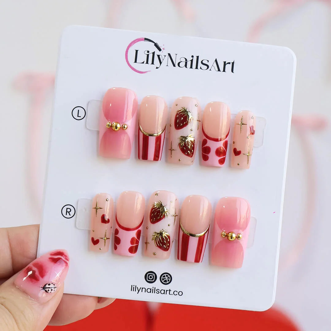 Handmade Pink press on nails with Gold Strawberry Details & French Tip, Medium Square luxury handmade nail art, false nails, pressons — perfect for Valentine Date Night 