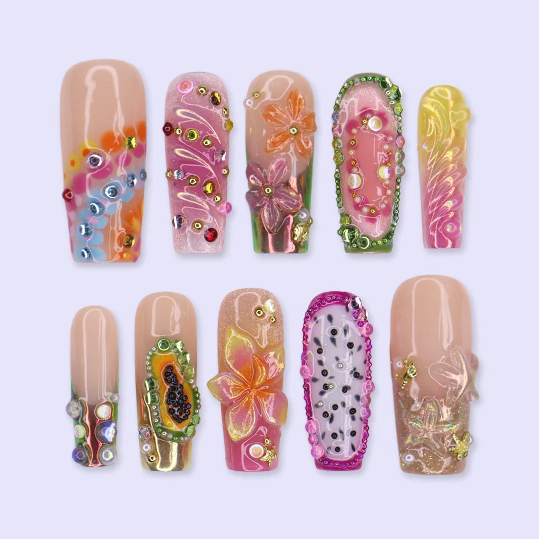 Sangria handmade summer press-on nails — maximalist long square set with tropical fruit designs, 3D flowers, chrome and rainbow gems
