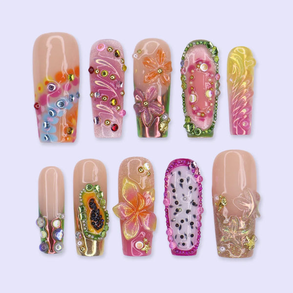 Sangria handmade summer press-on nails — maximalist long square set with tropical fruit designs, 3D flowers, chrome and rainbow gems

