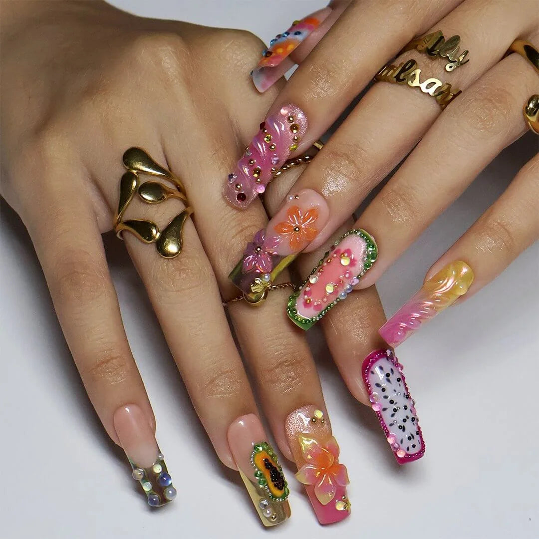 Sangria handmade summer press-on nails — maximalist long square set with tropical fruit designs, 3D flowers, chrome and rainbow gems

