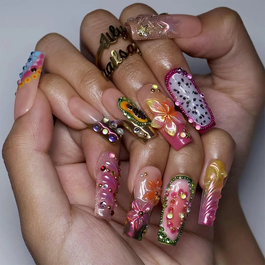 Sangria handmade summer press-on nails — maximalist long square set with tropical fruit designs, 3D flowers, chrome and rainbow gems
