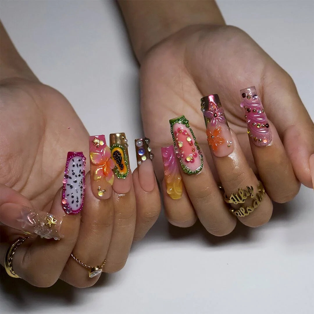 Sangria handmade summer press-on nails — maximalist long square set with tropical fruit designs, 3D flowers, chrome and rainbow gems
