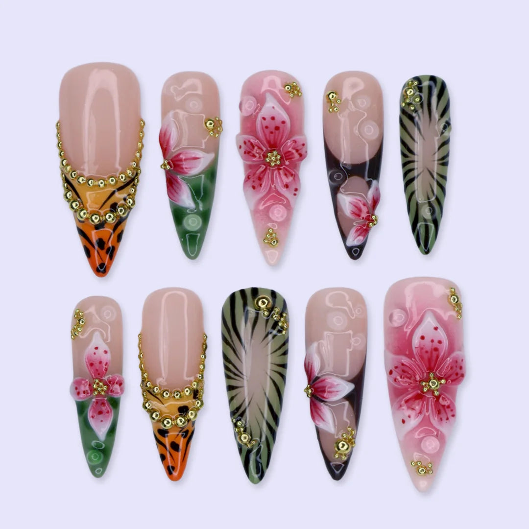 Green & pink handmade summer press-on nails — maximalist long almond set with tiger and zebra print, 3D pink lilies and gold beading

