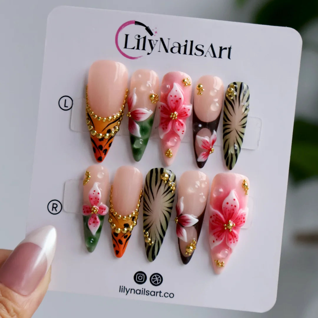 Green & pink handmade summer press-on nails — maximalist long almond set with tiger and zebra print, 3D pink lilies and gold beading
