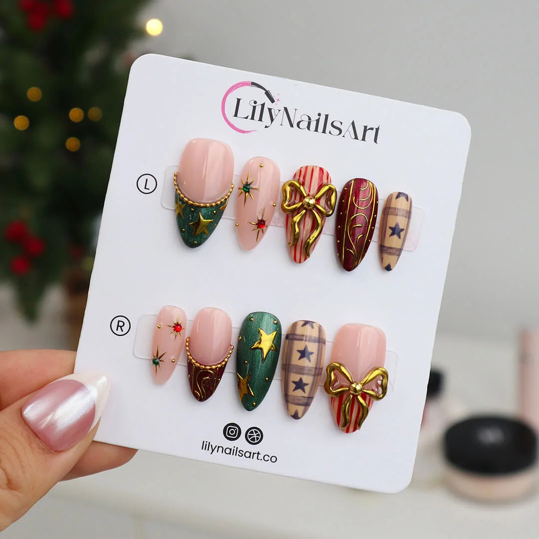 3D red and green custom Christmas press on nails with gold star accents, metallic bows, candy cane stripes, and plaid designs — holiday fake nails, handmade false nails, luxury pressons — perfect for winter parties or as a festive gift idea