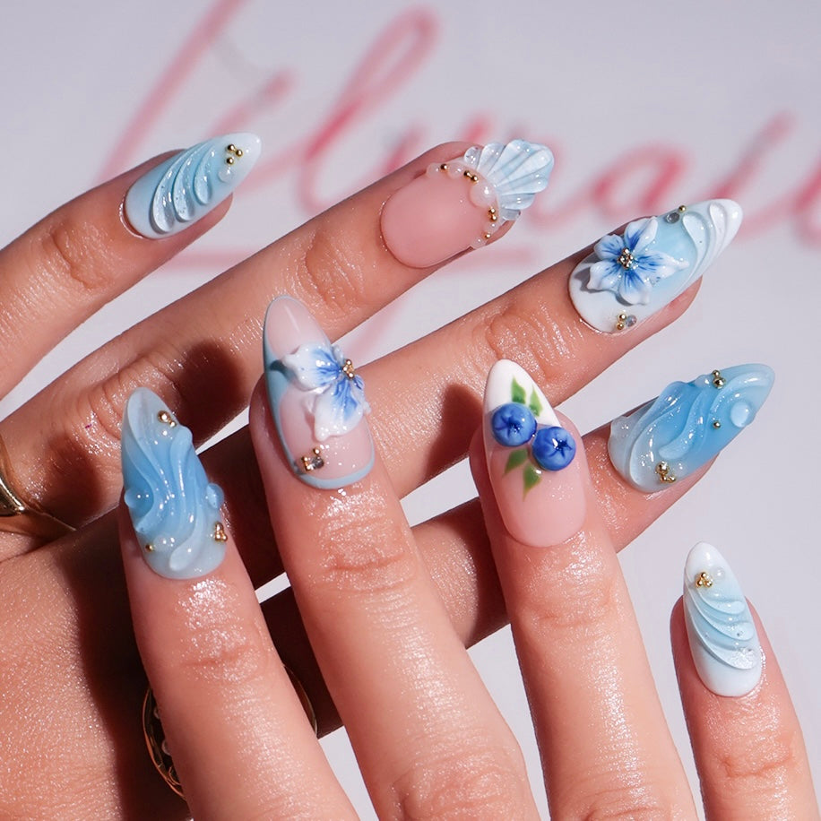 3D ocean blue press on nails with blueberries, sculpted flowers, and seashell accents — featuring glossy wave textures, pearl embellishments, and soft gradient blues — summer vacation nails, coastal press on nails, custom handmade nail art, fake nails, false nails, pressons — perfect for beach holidays, ocean-inspired looks, or gifting for her.
