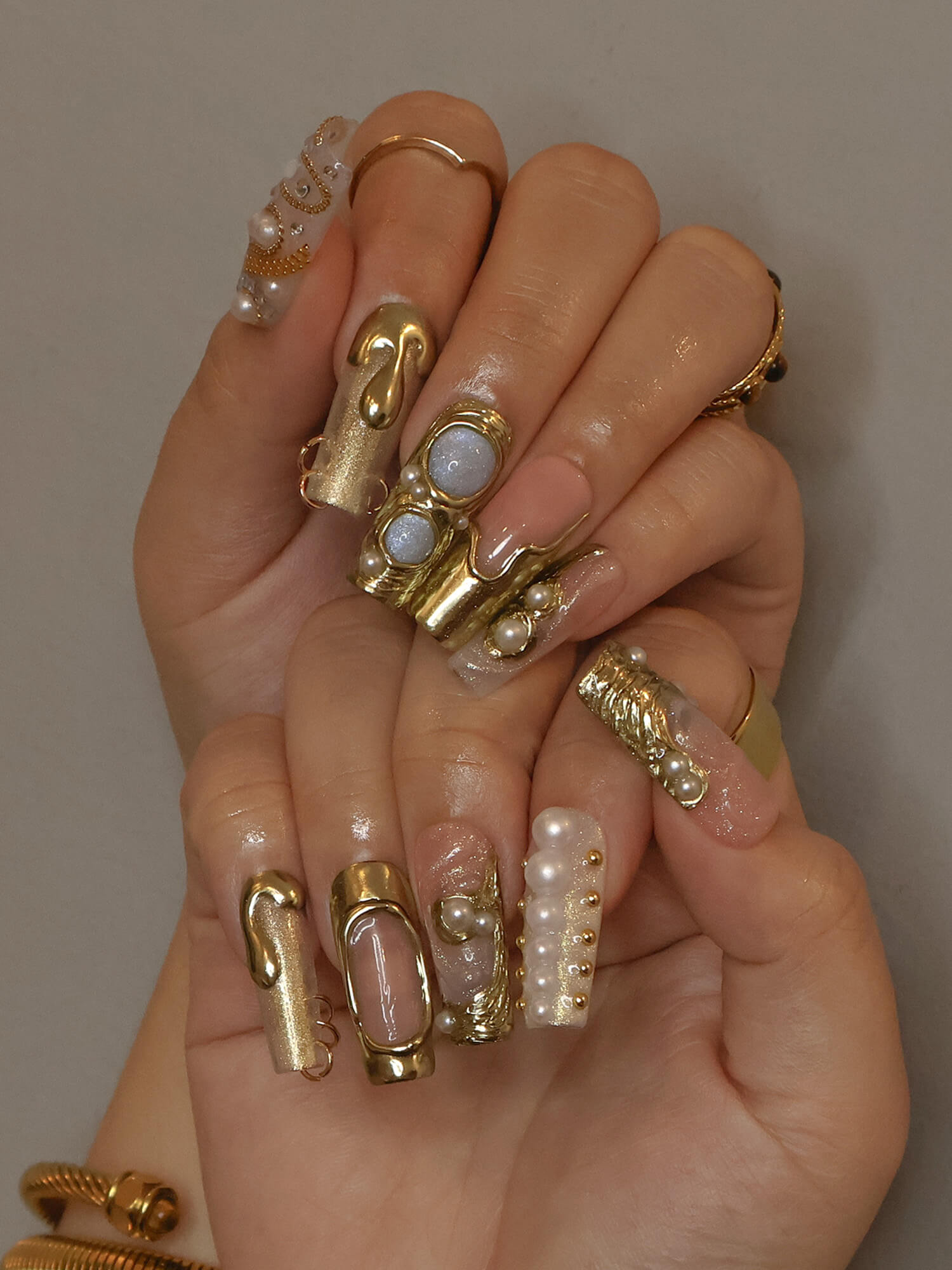 maximalist handmade press on nails, luxury gold nails  for birthday, holiday, vacation