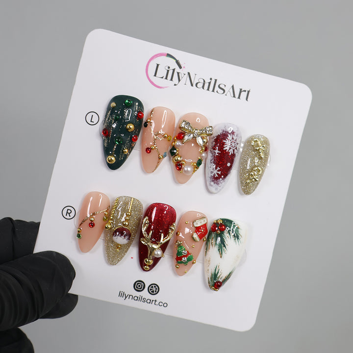  Green & Red 3D Flowers Wreath Medium Almond Press on nails, Handmade Christmas False Nails for Holiday, Vacation, Birthday, Prom Nails. Gift for Her