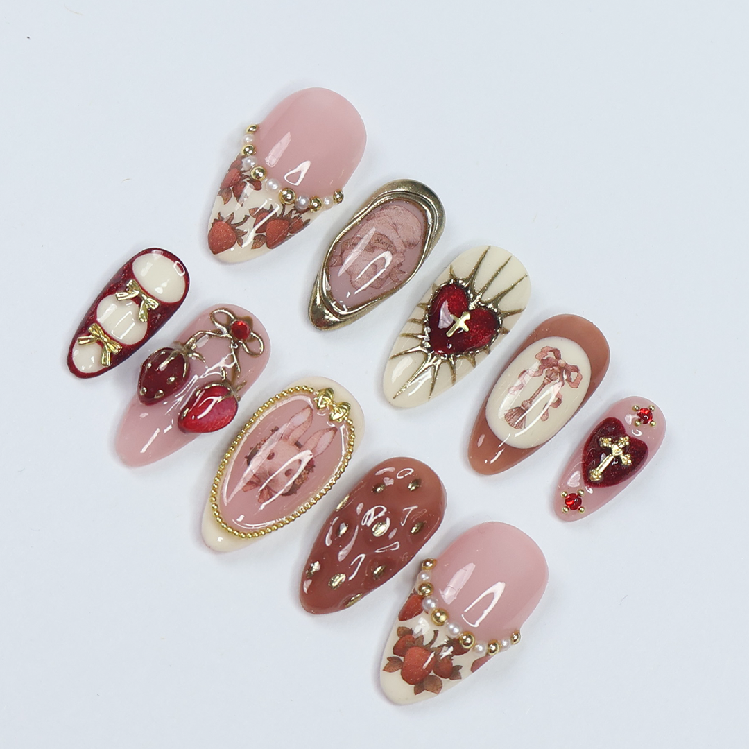 3D cute strawberry and bunny press on nails with pearl accents, heart charms, metallic gold bows, and vintage art details — luxury handmade press on nails, premium custom nail art, cute Japanese nail design, false nails, fake nails, pressons — perfect for birthdays, gifts, cosplay, or kawaii fashion lovers.
