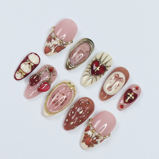 3D cute strawberry and bunny press on nails with pearl accents, heart charms, metallic gold bows, and vintage art details — luxury handmade press on nails, premium custom nail art, cute Japanese nail design, false nails, fake nails, pressons — perfect for birthdays, gifts, cosplay, or kawaii fashion lovers.
