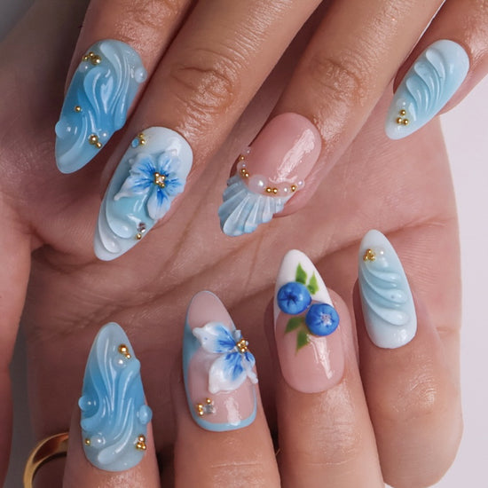 3D ocean blue press on nails with blueberries, sculpted flowers, and seashell accents — featuring glossy wave textures, pearl embellishments, and soft gradient blues — summer vacation nails, coastal press on nails, custom handmade nail art, fake nails, false nails, pressons — perfect for beach holidays, ocean-inspired looks, or gifting for her.
