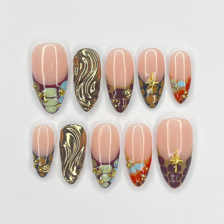 Handmade Luxe Mosaic Press-On Nails – nude tones with gold chrome accents, mosaic patterns, and star details. Perfect for holidays, birthdays, vacations, or as a luxurious gift for her.