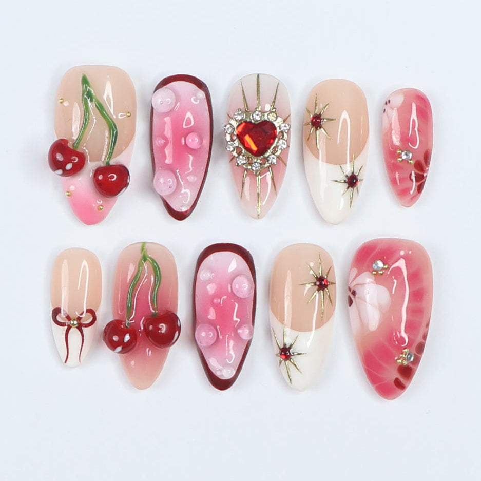 golden jewels press on nails fake nails with cherries cherry pink press on juicy cherry heart jewels