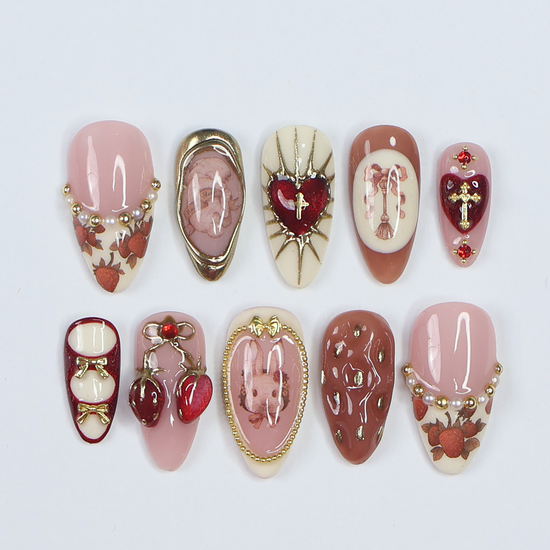 3D cute strawberry and bunny press on nails with pearl accents, heart charms, metallic gold bows, and vintage art details — luxury handmade press on nails, premium custom nail art, cute Japanese nail design, false nails, fake nails, pressons — perfect for birthdays, gifts, cosplay, or kawaii fashion lovers.

