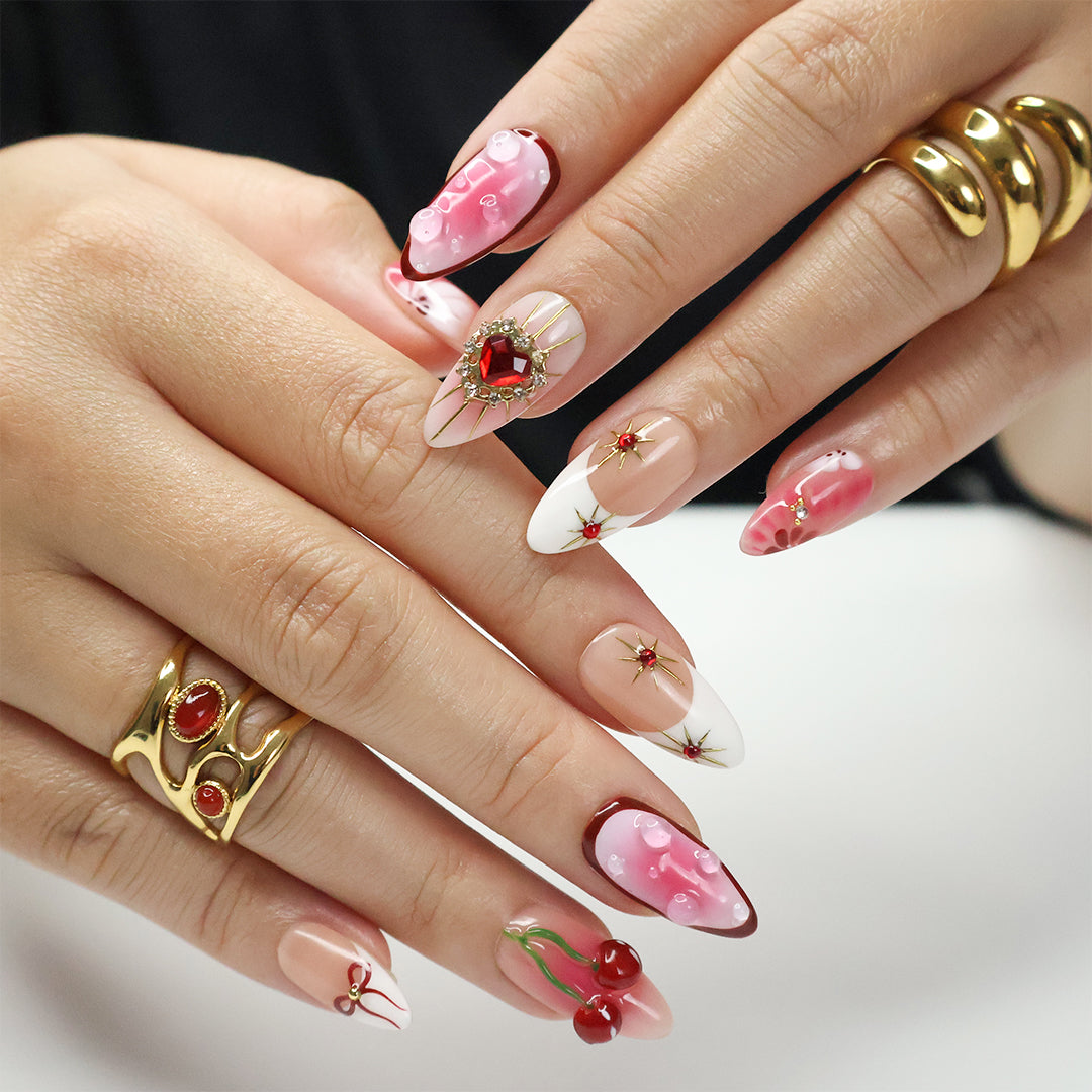 Golden Cupid- Romantic Red and Pink Press-On Nails – Cherry and heart designs, handmade with 3D gel for holiday, vacation, valentine's day, birthday nails, or as a gift for her.