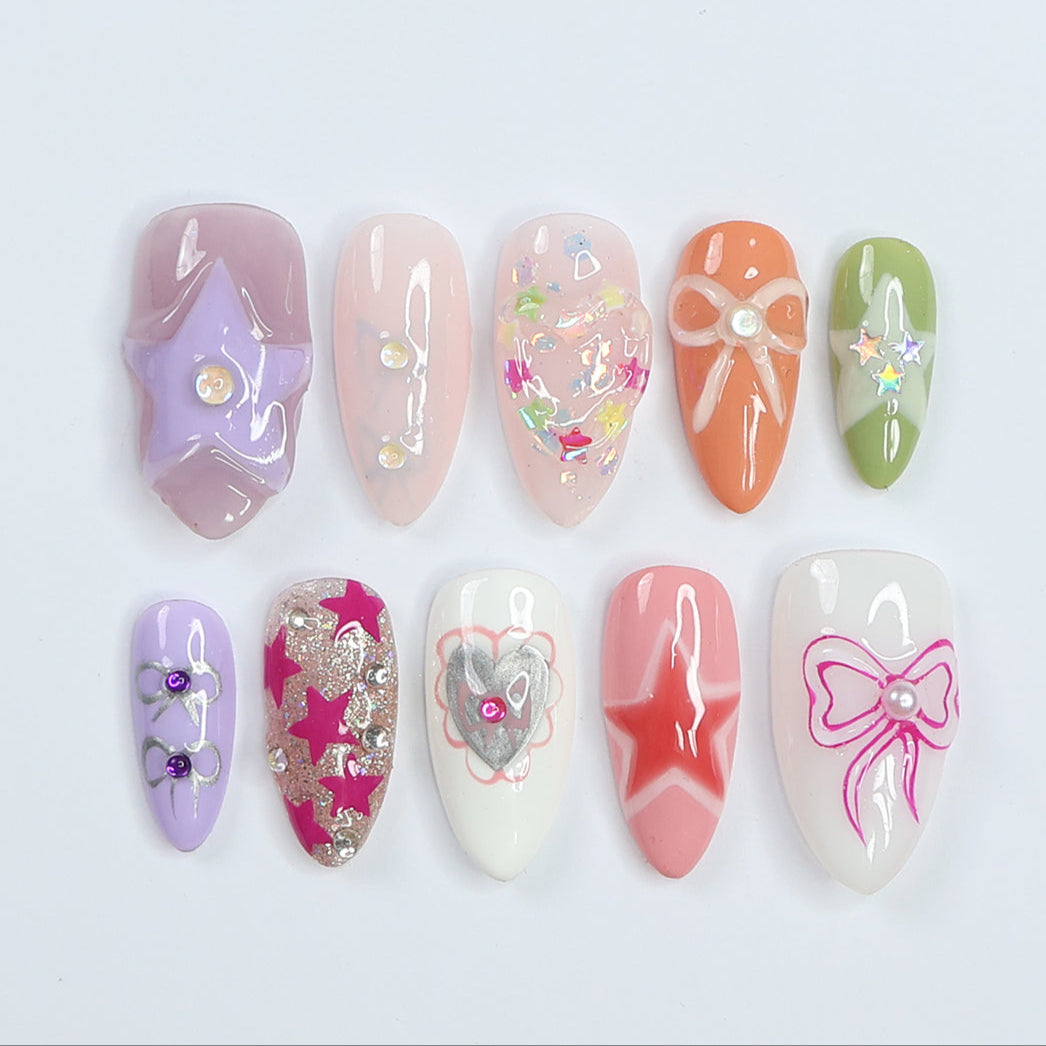 I'm in love - Valentine collection 3D Stars & Love Heart Medium Almond Press on nails, Handmade Cute False Nails for Holiday, Vacation, Birthday, Prom Nails. Gift for Her
