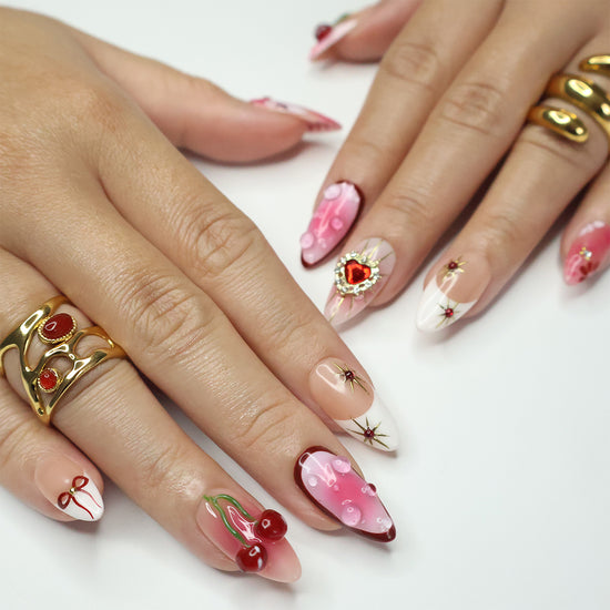 Golden Cupid- Romantic Red and Pink Press-On Nails – Cherry and heart designs, handmade with 3D gel for holiday, vacation, valentine's day, birthday nails, or as a gift for her.