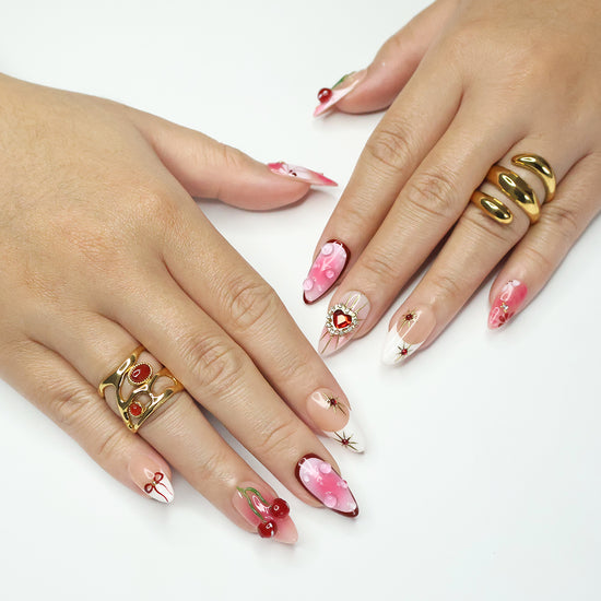 Golden Cupid- Romantic Red and Pink Press-On Nails – Cherry and heart designs, handmade with 3D gel for holiday, vacation, valentine's day, birthday nails, or as a gift for her.