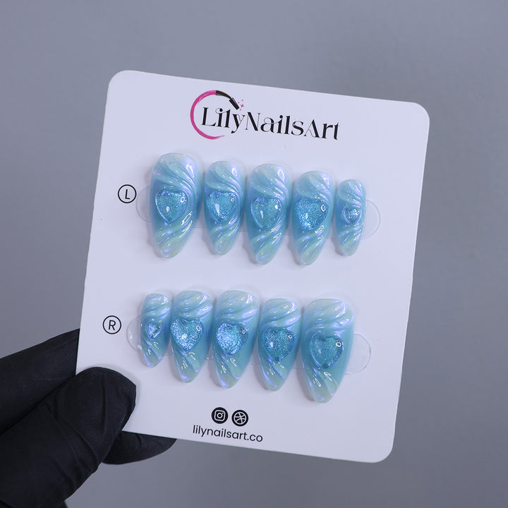 Handmade Blue Heart Press-On Nails – Valetine Collection - soft blue tones with shimmering 3D heart accents. Perfect for birthdays, holidays, anniversaries, or as a thoughtful gift for her. blue press on nails