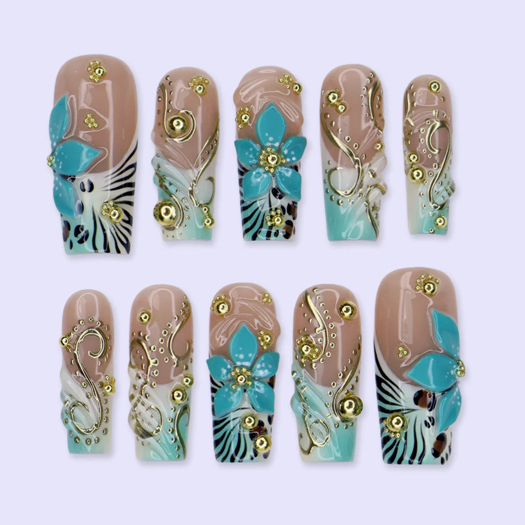 Vermentino handmade press-on nails — maximalist long square set in Tiffany blue with 3D turquoise lilies, gold swirls and leopard print
