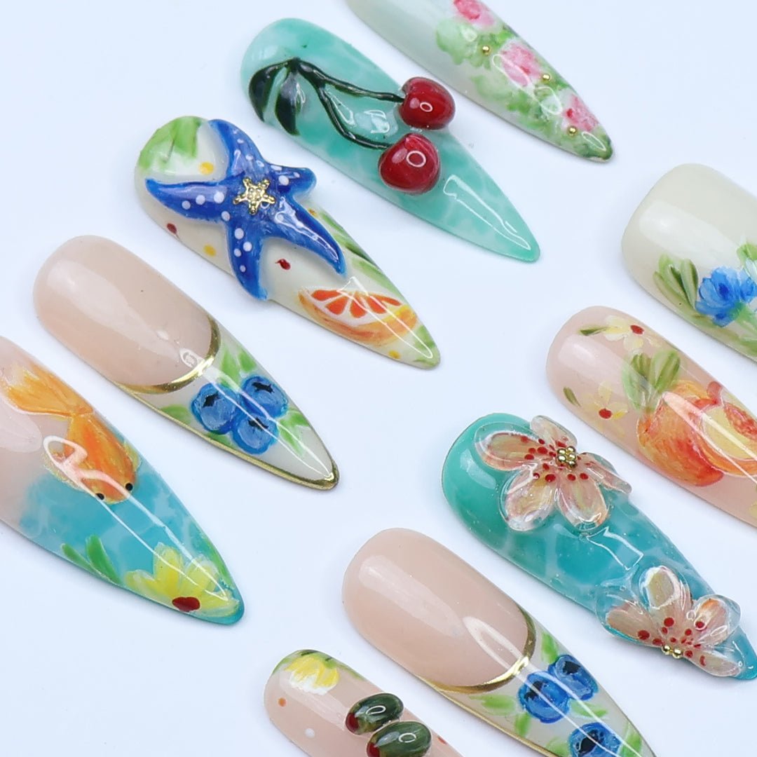 3D summer press on nails with hand-painted cherries, starfish, flowers, goldfish, and watercolor fruits, featuring ocean blues, juicy tones, and floral garden designs — tropical vacation nails, fruity summer press on nails, custom handmade nail art, fake nails, false nails, pressons — perfect for beach holidays, summer festivals, or gifting for her.

