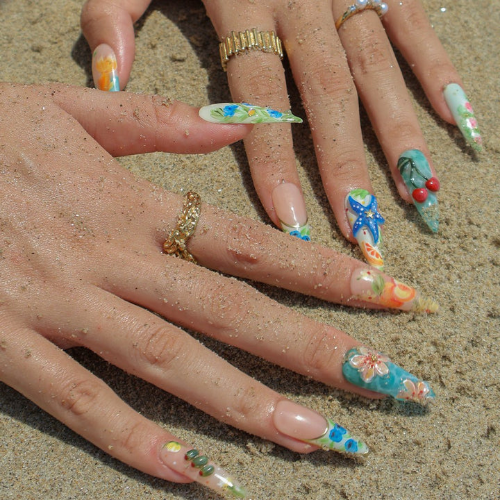 3D summer press on nails with hand-painted cherries, starfish, flowers, goldfish, and watercolor fruits, featuring ocean blues, juicy tones, and floral garden designs — tropical vacation nails, fruity summer press on nails, custom handmade nail art, fake nails, false nails, pressons — perfect for beach holidays, summer festivals, or gifting for her.