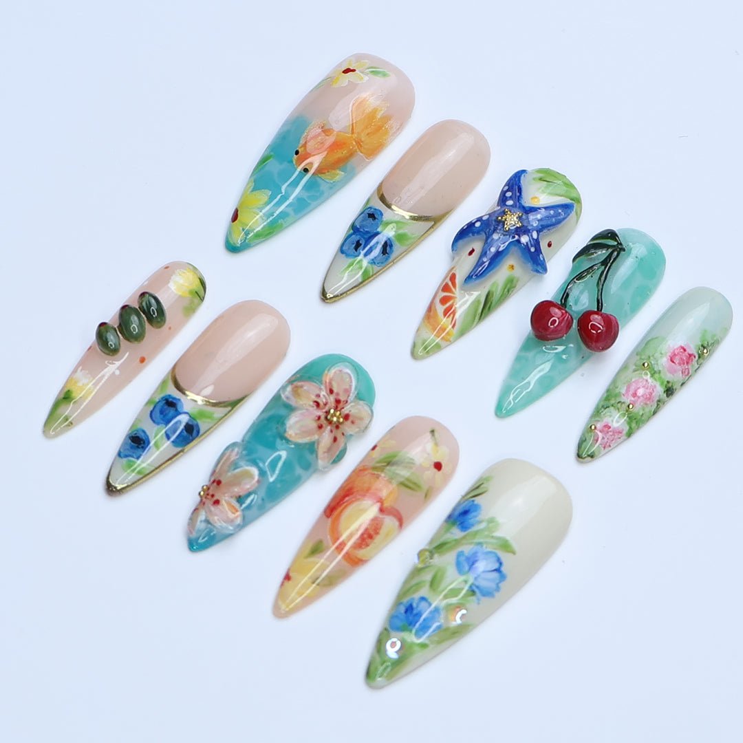 3D summer press on nails with hand-painted cherries, starfish, flowers, goldfish, and watercolor fruits, featuring ocean blues, juicy tones, and floral garden designs — tropical vacation nails, fruity summer press on nails, custom handmade nail art, fake nails, false nails, pressons — perfect for beach holidays, summer festivals, or gifting for her.