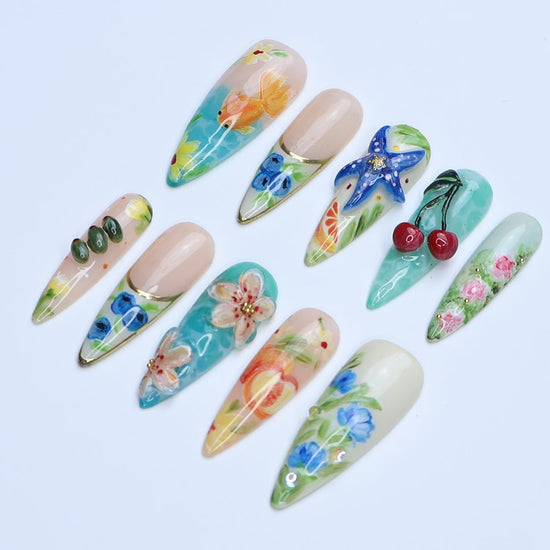 3D summer press on nails with hand-painted cherries, starfish, flowers, goldfish, and watercolor fruits, featuring ocean blues, juicy tones, and floral garden designs — tropical vacation nails, fruity summer press on nails, custom handmade nail art, fake nails, false nails, pressons — perfect for beach holidays, summer festivals, or gifting for her.