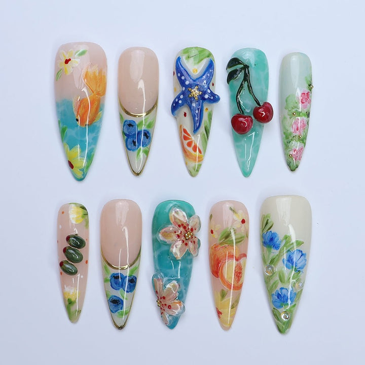 3D summer press on nails with hand-painted cherries, starfish, flowers, goldfish, and watercolor fruits, featuring ocean blues, juicy tones, and floral garden designs — tropical vacation nails, fruity summer press on nails, custom handmade nail art, fake nails, false nails, pressons — perfect for beach holidays, summer festivals, or gifting for her.