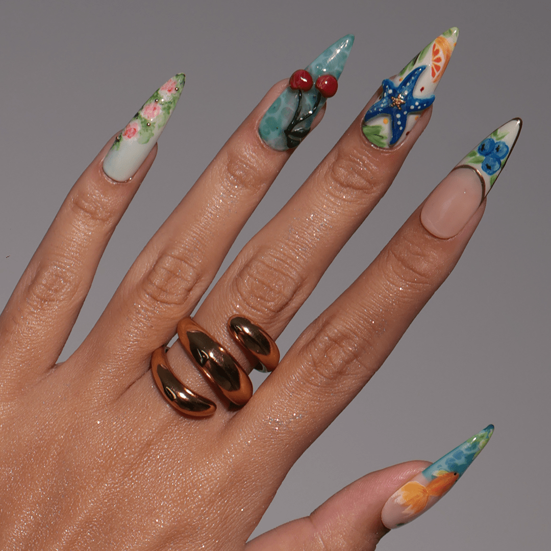 3D summer press on nails with hand-painted cherries, starfish, flowers, goldfish, and watercolor fruits, featuring ocean blues, juicy tones, and floral garden designs — tropical vacation nails, fruity summer press on nails, custom handmade nail art, fake nails, false nails, pressons — perfect for beach holidays, summer festivals, or gifting for her.