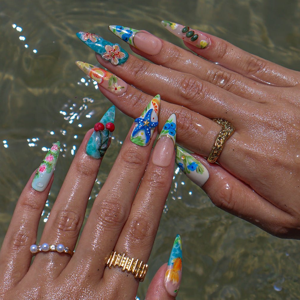 3D summer press on nails with hand-painted cherries, starfish, flowers, goldfish, and watercolor fruits, featuring ocean blues, juicy tones, and floral garden designs — tropical vacation nails, fruity summer press on nails, custom handmade nail art, fake nails, false nails, pressons — perfect for beach holidays, summer festivals, or gifting for her.