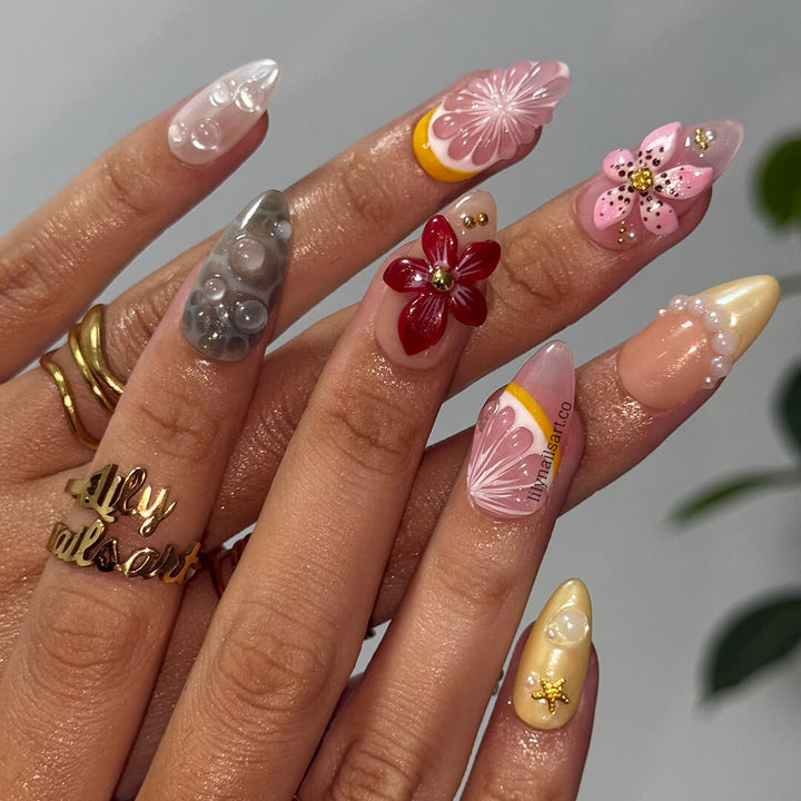 3D summer nails with sculpted red flowers, starfish, seashells, pearls, and soft ocean textures in nude, blush, and sea-glass green tones — luxury handmade press on nail , reusable false nails — perfect for romantic summer looks, beach weddings, or resort vacations.

