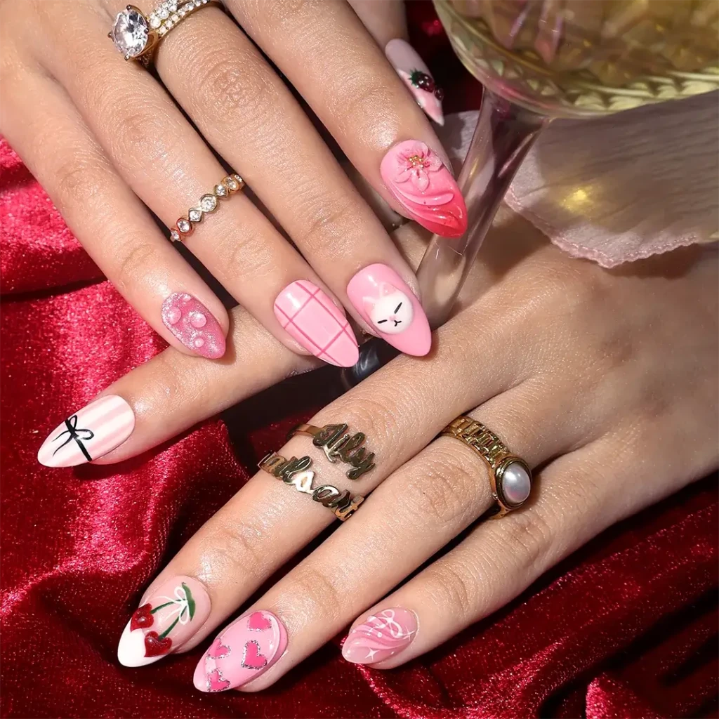 Handmade Pink press on nails with Strawberry, Cute Cat & Love Heart, Short Almond luxury handmade nail art, false nails, pressons — perfect for Valentine Date Night 